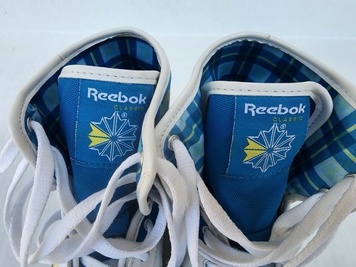 VINTAGE Reebok Classic Women's High Top Blue/White/Yellow Shoes Size 7.5 - Picture 4 of 9