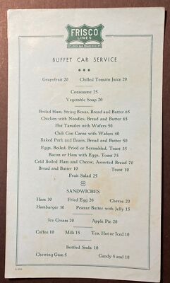 FRISCO LINES Buffet Car Service MENU insert 5 x 8.5