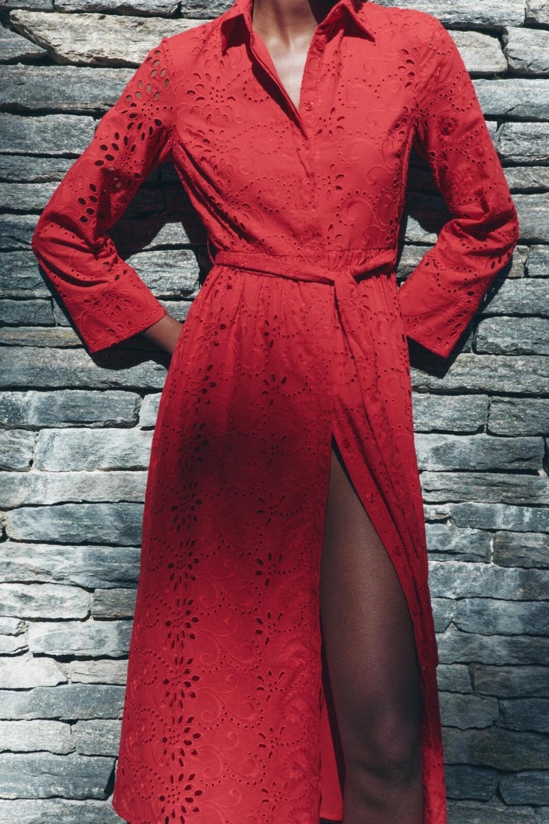 ZARA NEW WOMAN EMBROIDERED SHIRT DRESS ZW COLLECTION RED