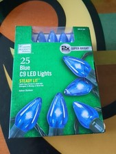 25 Blue C9 LED Christmas Lights Green Wire Steady Lit 2X Super Bright Indoor/Out