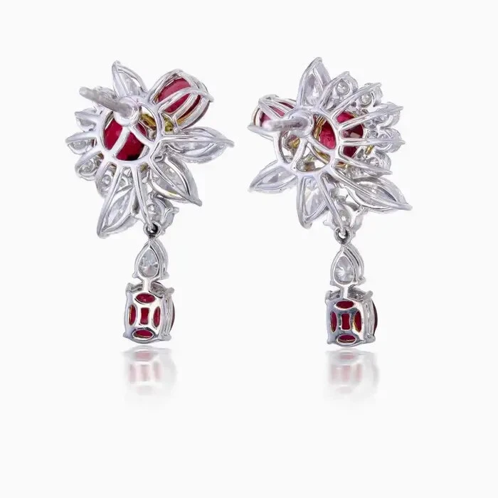 Simulated 5.45CT Pigeon Blood Ruby & White Sapphires Floral Drop-Dangle Earrings - Image 3 of 4