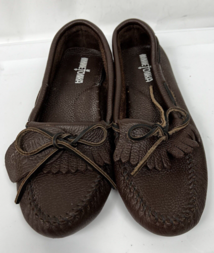 MINNETONKA Brown Leather Driving Loafers Kiltie Women's Shoes Sz 9 - Picture 1 of 7