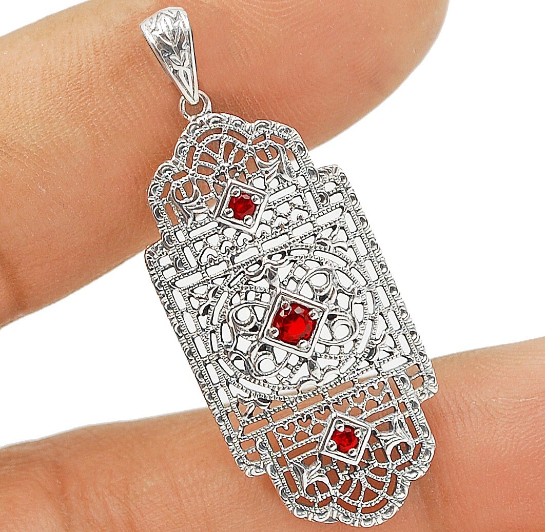 Natural Fire Garnet 925 Sterling Silver Victorian Style Pendant Jewelry Y1195