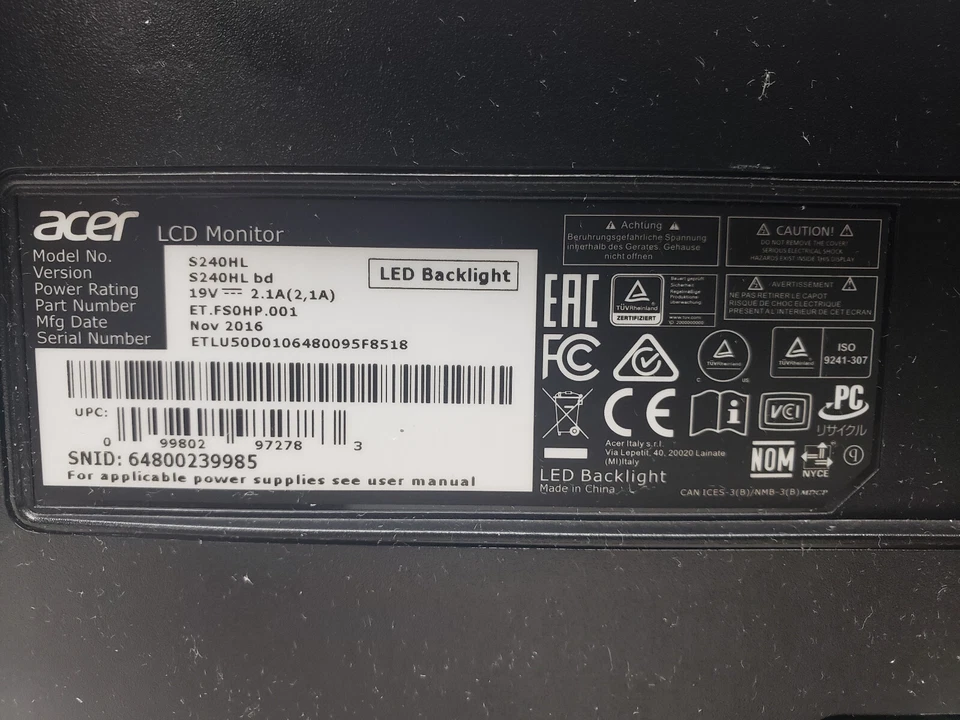 Acer 24inch 60 Hz TN LCD Monitor 5 ms 1080P HD S240HL DVI VGA With Power Adapter - Image 3 of 4