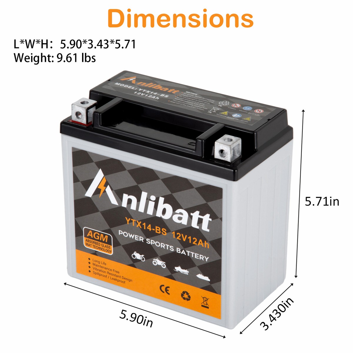 YTX14-BS 12V ATV Battery High Performance - Maintenance Free