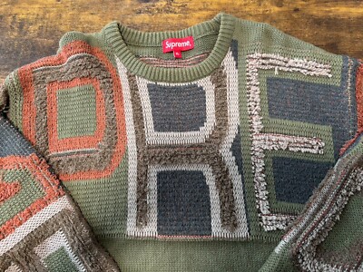 Supreme Chenille Logo Sweater 21AW Crewneck Knit Olive Khaki Green
