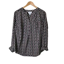 Pure Energy Womens Size X Popover Top Geometric  Print  V Neck Buttons Office