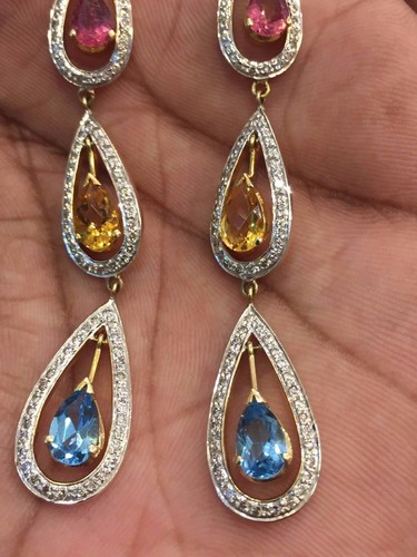 Pave 1.76 Cts Round Brilliant Cut Natural Diamonds Dangle Earrings In 18K Gold - Picture 5 of 7