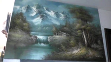 painting 30x24 snowy mountains waterfall trees snow winter fall forest cabin