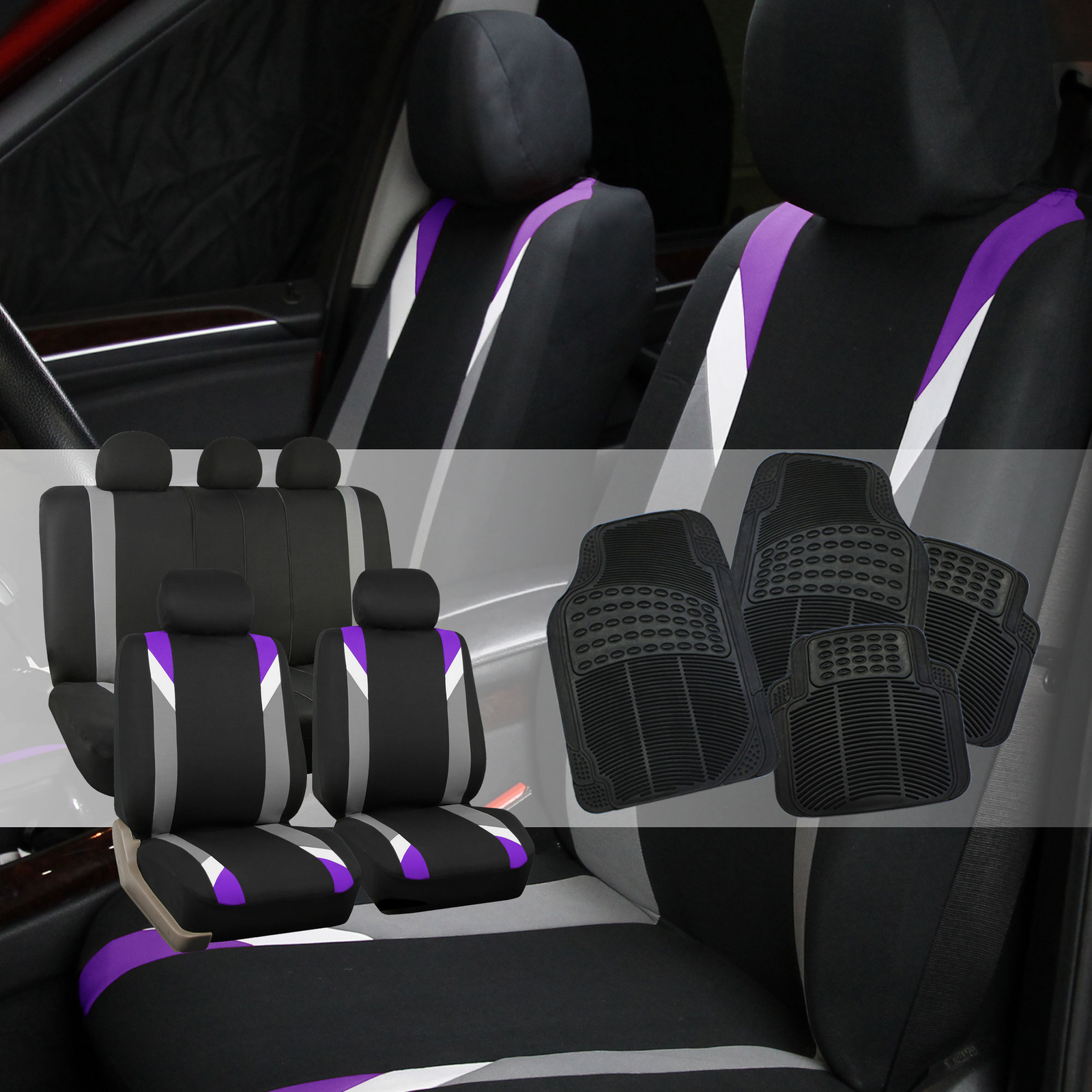 Car Seat Covers With Black Heavy Duty Floor Mat for Auto Car Purple