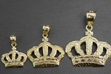 Real 10K Solid Yellow Gold Diamond Cut King Queen Crown Charm Pendant.