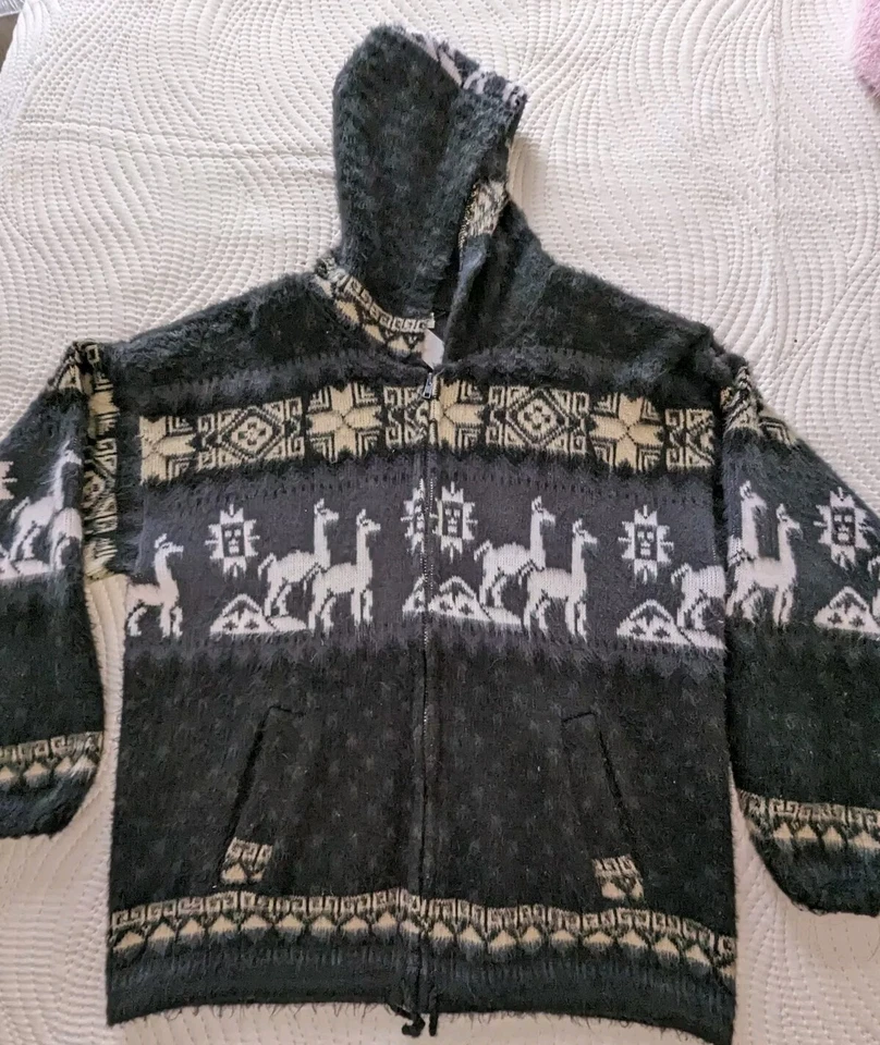 Andino Artesanias Sudadera con Capucha Fair Isle Chaqueta Lana Alpaca Gris Talla Grande Foto 3 de 4