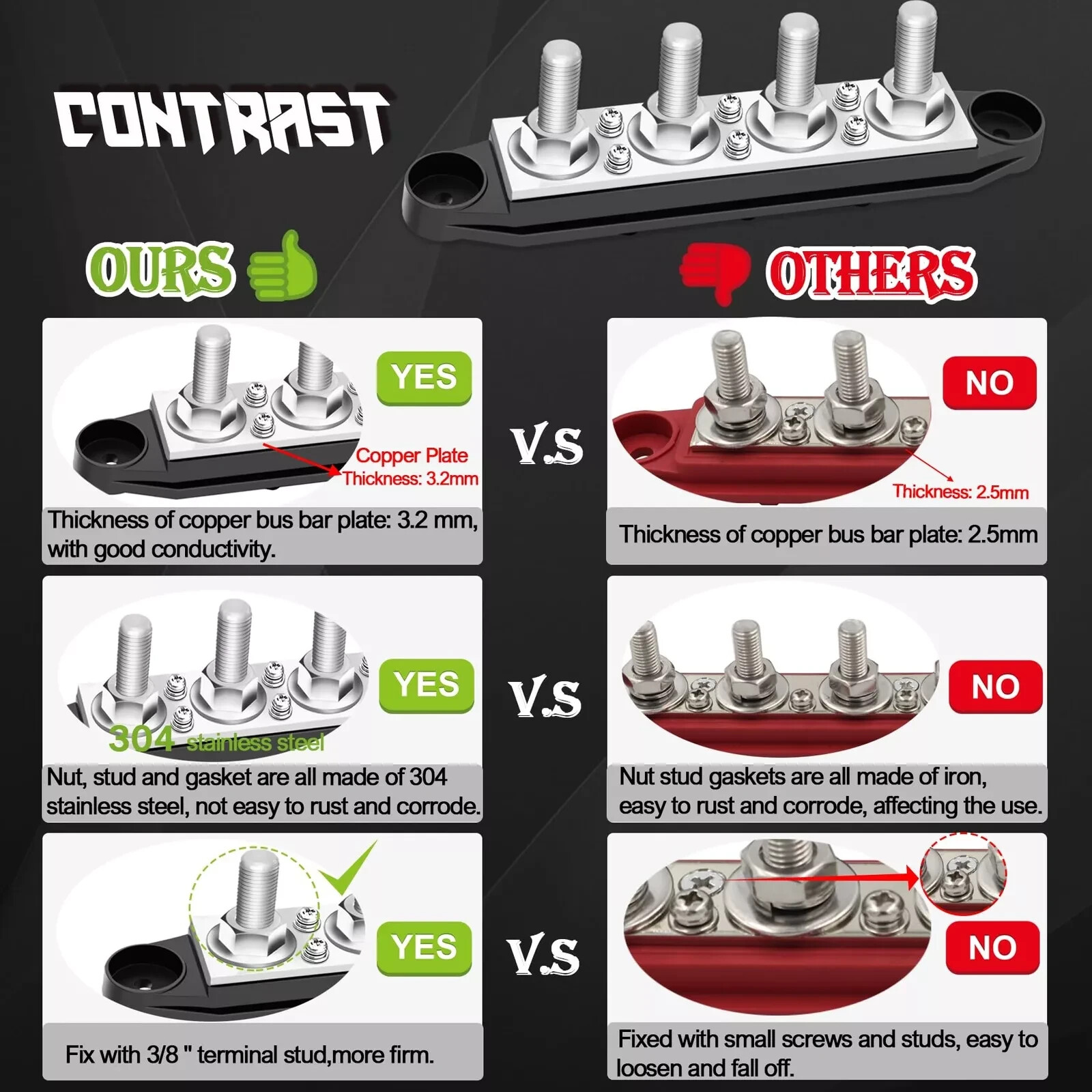 250A Bus Bar 12V Marine 3/8" Power Distribution Block Automotive Busbar Termi...