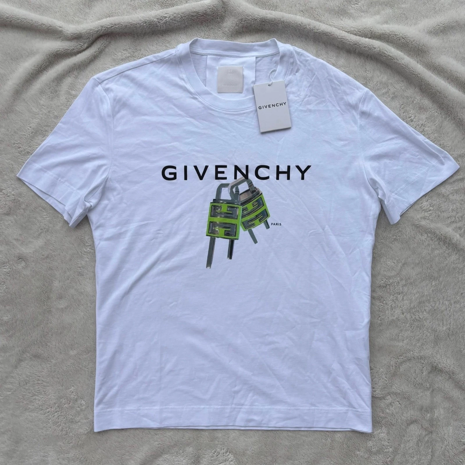 Givenchy — Givenchy White & Green Lock Logo Tee - Fits XL - MSRP: $600 - Authentic - New