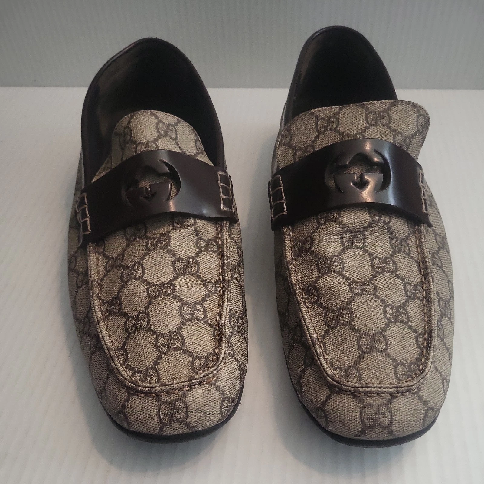 Authentique mocassin en cuir homme Gucci Supreme marron toile US13 