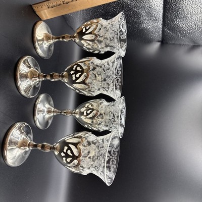 4 Cambridge Etched Cordial or Sherry Glasses in Sterling Holders