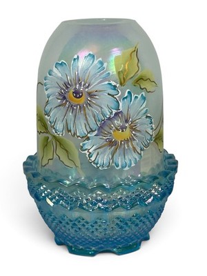 Fenton Royal Garden Fairy Lamp Aqua Blue Iridized Satin 853/1950 Shelly Hopkins