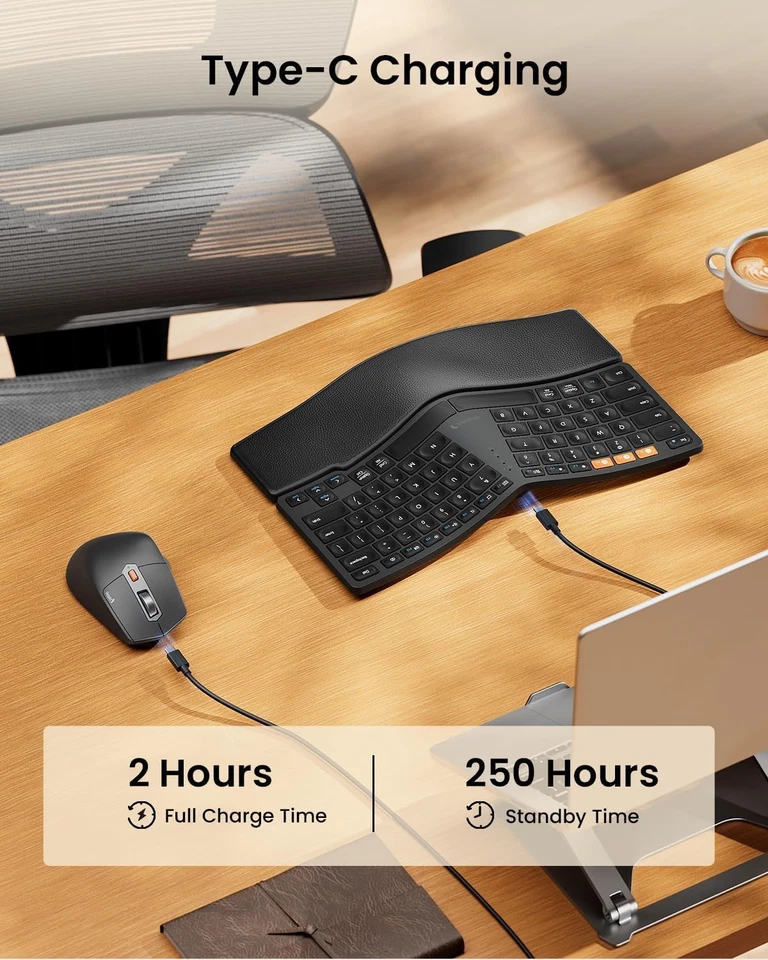 New- ProtoArc Bluetooth Ergonomic Keyboard Mouse, EKM04 Wireless (Black) - Image 3 of 4