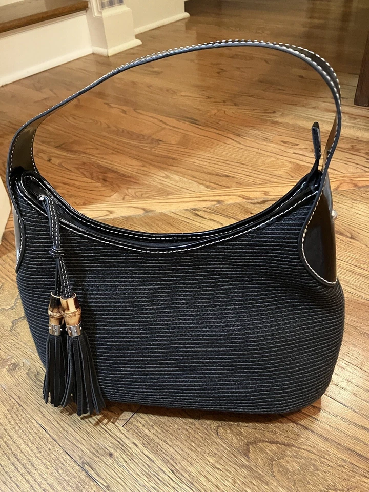 TALBOTS черный джут Дамская сумка сумочка кисточки молнии черный патент ремень и отделка - Изображение 2 из 4