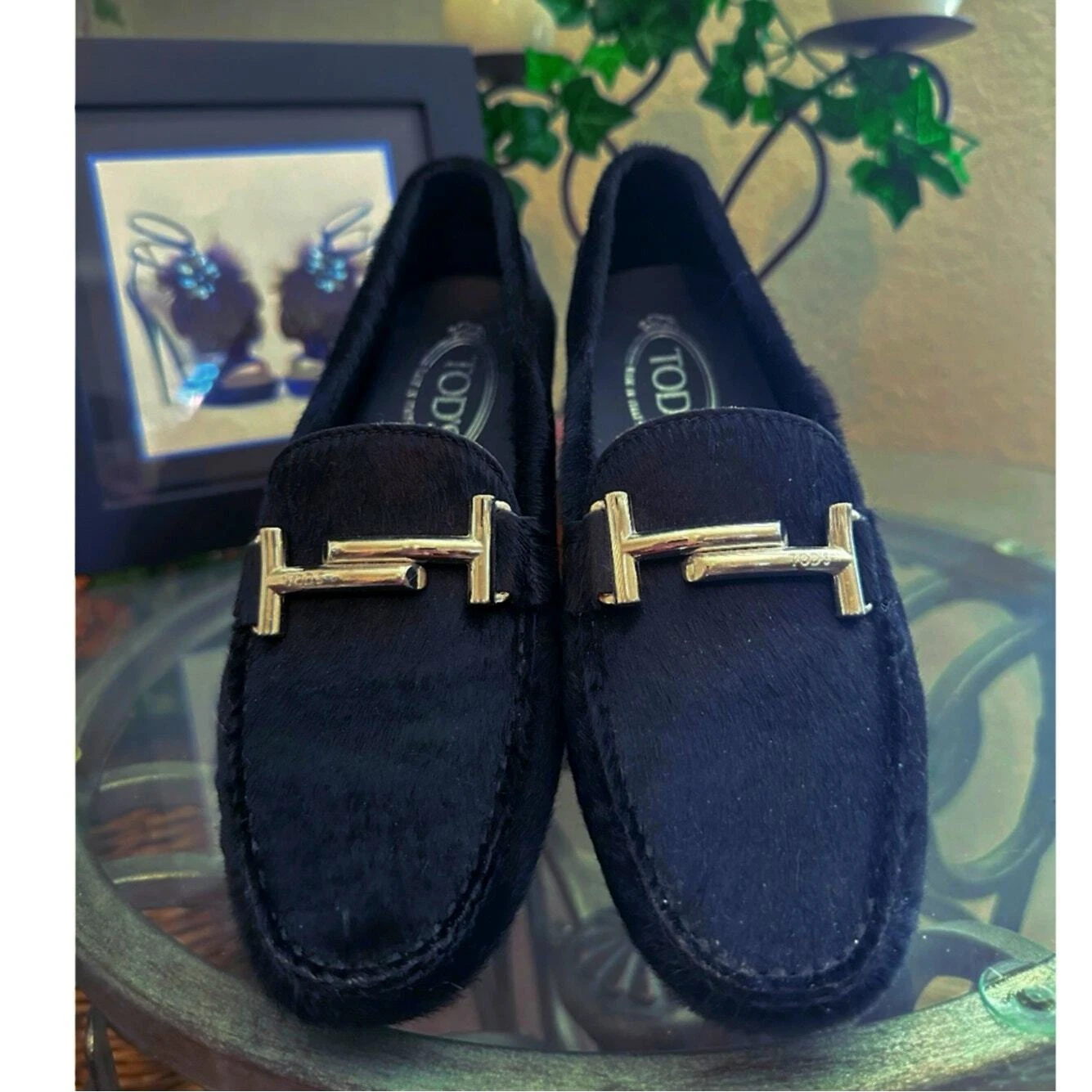 TOD’S Scarpe da guida NUOVE TOD'Ss argento doppia T CAPELLI PONY NERI in pelle gommino 38 US 8