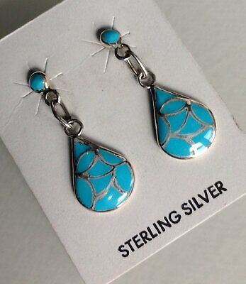 Orena Leekya 1 14 Native American Zuni Blue Turquoise Channel Sterling Silver Handmade Earrings