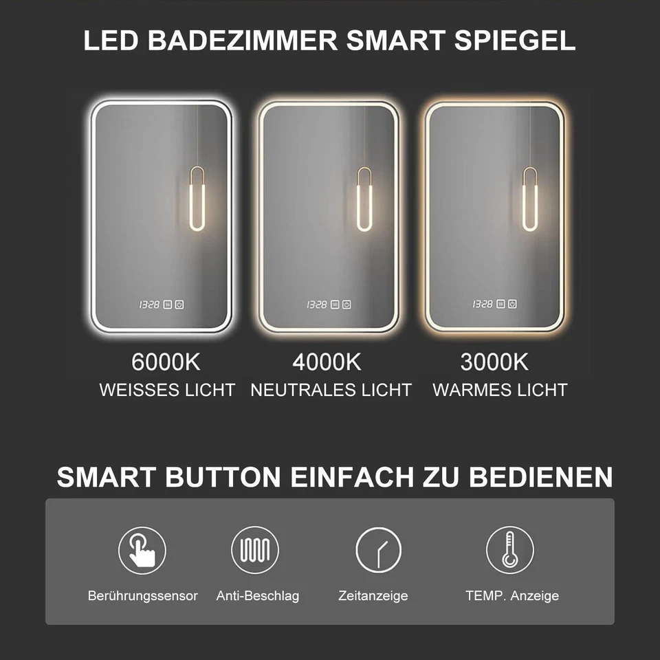 LED Badezimmerspiegel Badspiegel Wandspiegel Beschlagfrei 3 Lichtfarben Dimmbar - Bild 3 von 4