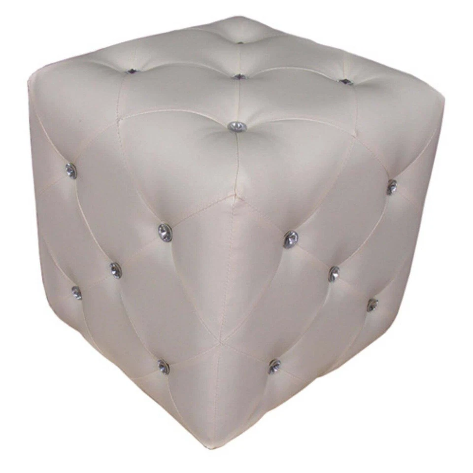 Ottoman Faux Leather Stool Pouf Footrest Tufted Square White Cubed Accents - Image 4 of 4