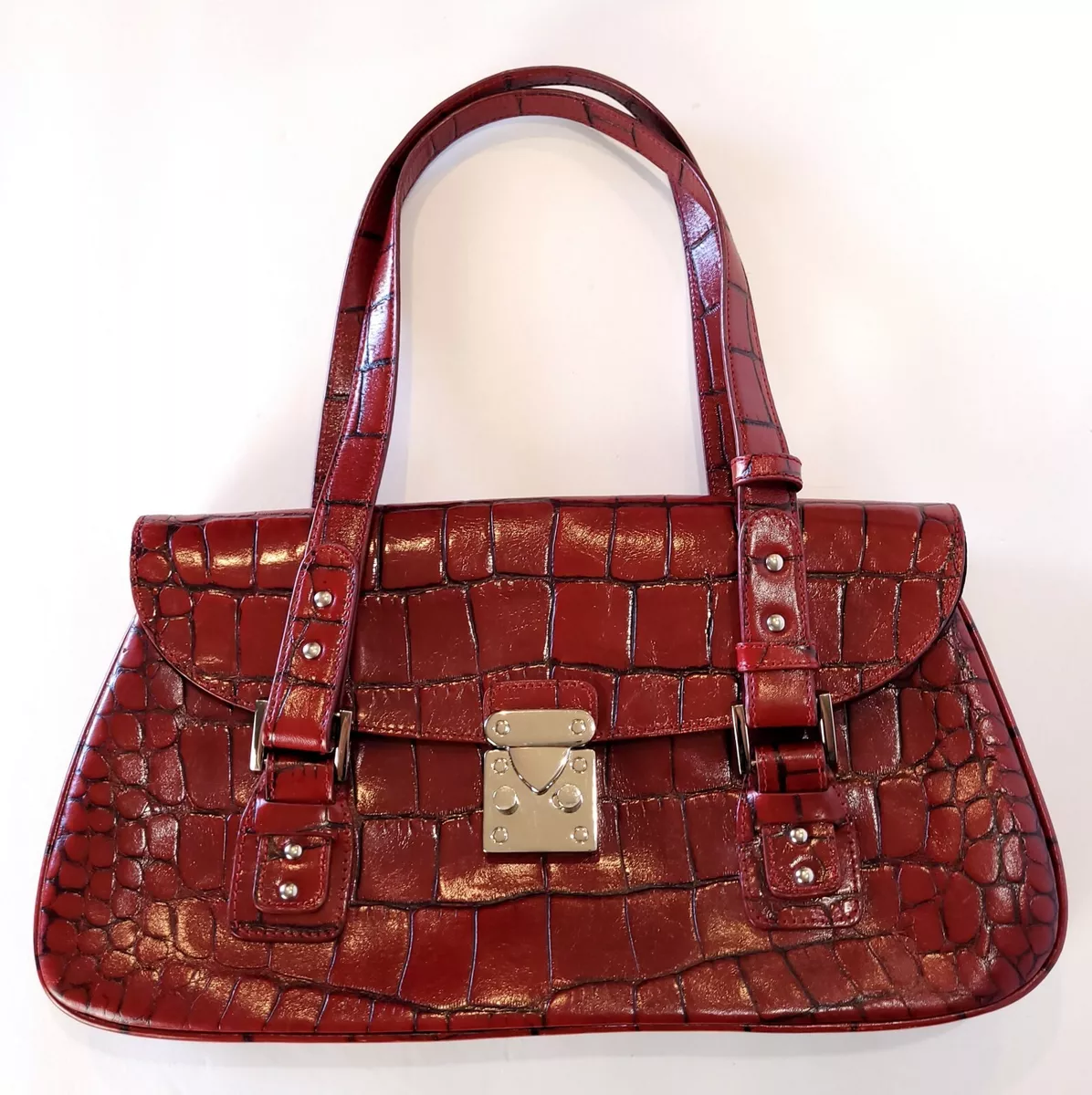 Nordstrom Genuine Leather Bag Red Wine Silver Tone Handbag Purse