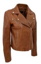 Womens Soft Genuine Chestnut Leather Biker Style Jacket Slim Fit Zip Fasten New
