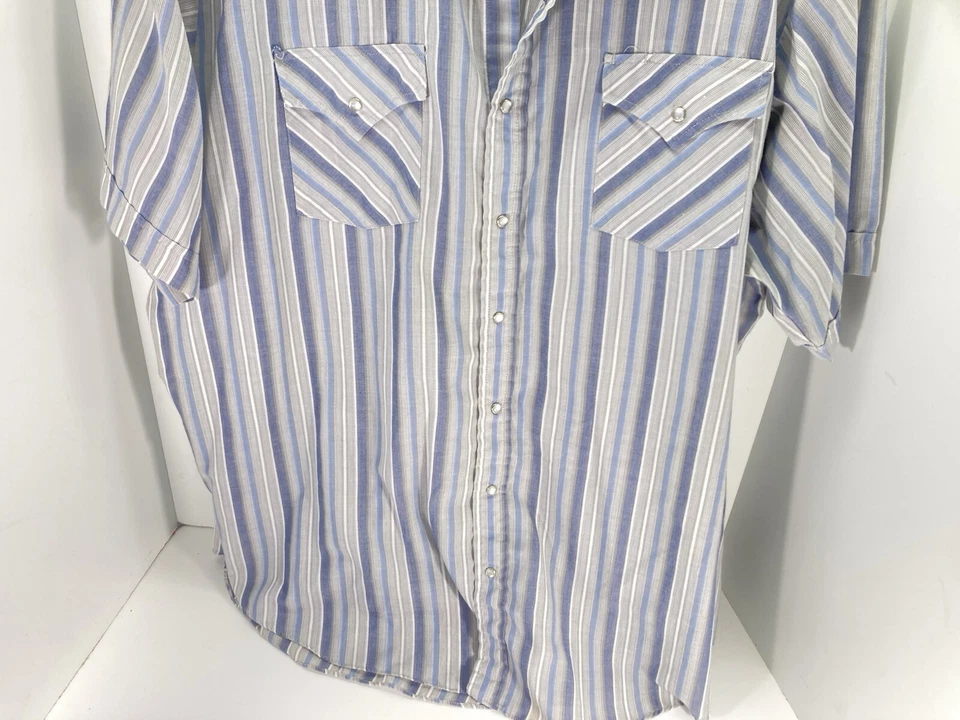 Ely Plains Big Man Pearl Snap Shirt Men Size Big 2X Blue Stripe Short Sleeve VTG - Image 3 of 4