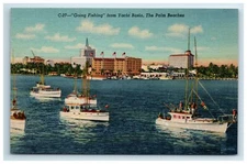 Postcard Going Fishing Yacht Basin Palm Beaches Boat Ship Florida Linen UNP