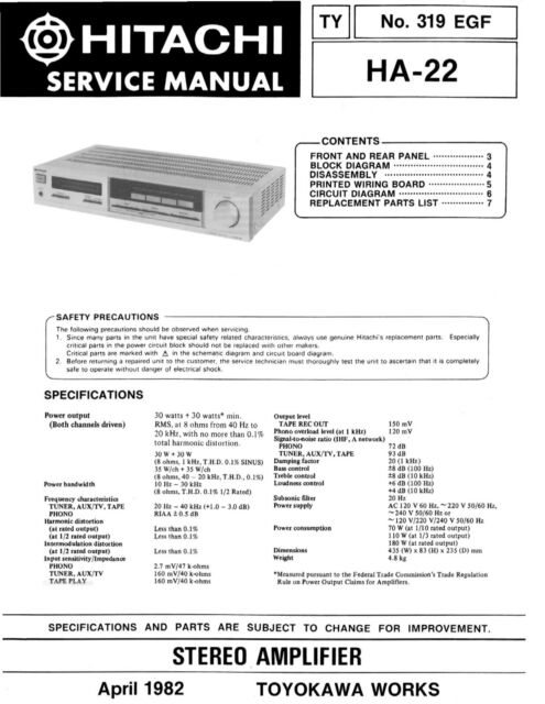 Service Manual Instructions for hitachi HA-22