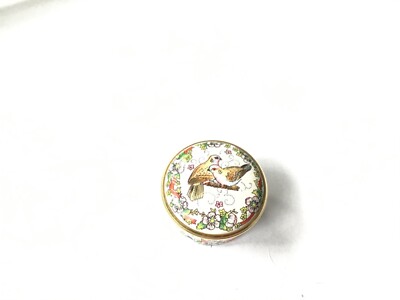 Halcyon Days  Enamel  love bird s building a nest box spring doves flowers