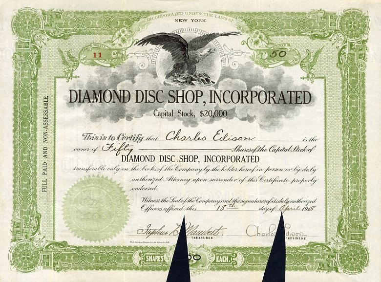 1918 Diamond Disc Shop Stock Certificate Signed by Charles Edison
