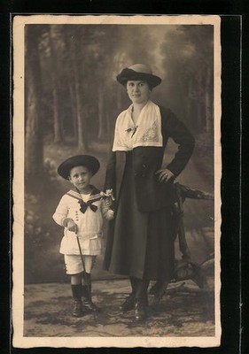 Photo postcard mother with son in sailor suit 1921 