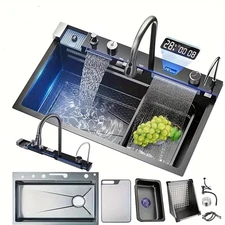 Stainless Steel Smart Waterfall Kitchen Sink with Digital Display & Self-Cleanin