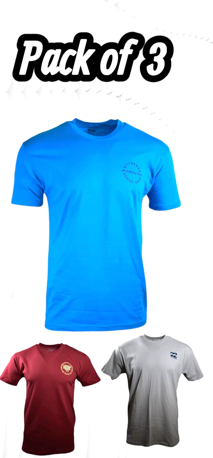 Men's t-shirt-BILLABONG -Surf Skateboard-Size Medium-Pack of 3 -100% Cotton NEW