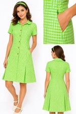 VTG 1960s Miss Smith Lime Grn Gingham Shirt Dress Mod Cottagecore Pockets Sz M