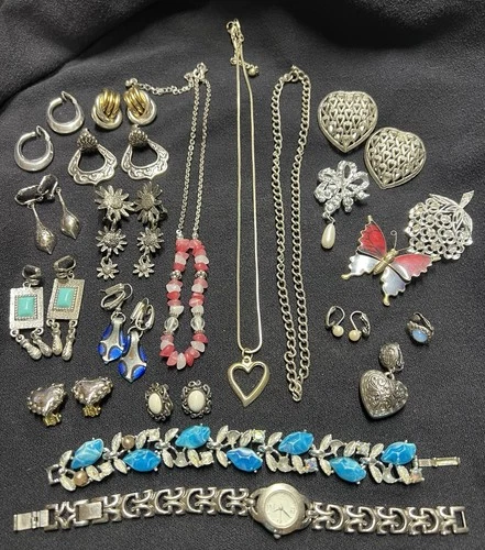 Vtg Silver Tone Costume Jewelry Lot of 32 Necklaces Brooches Earrings