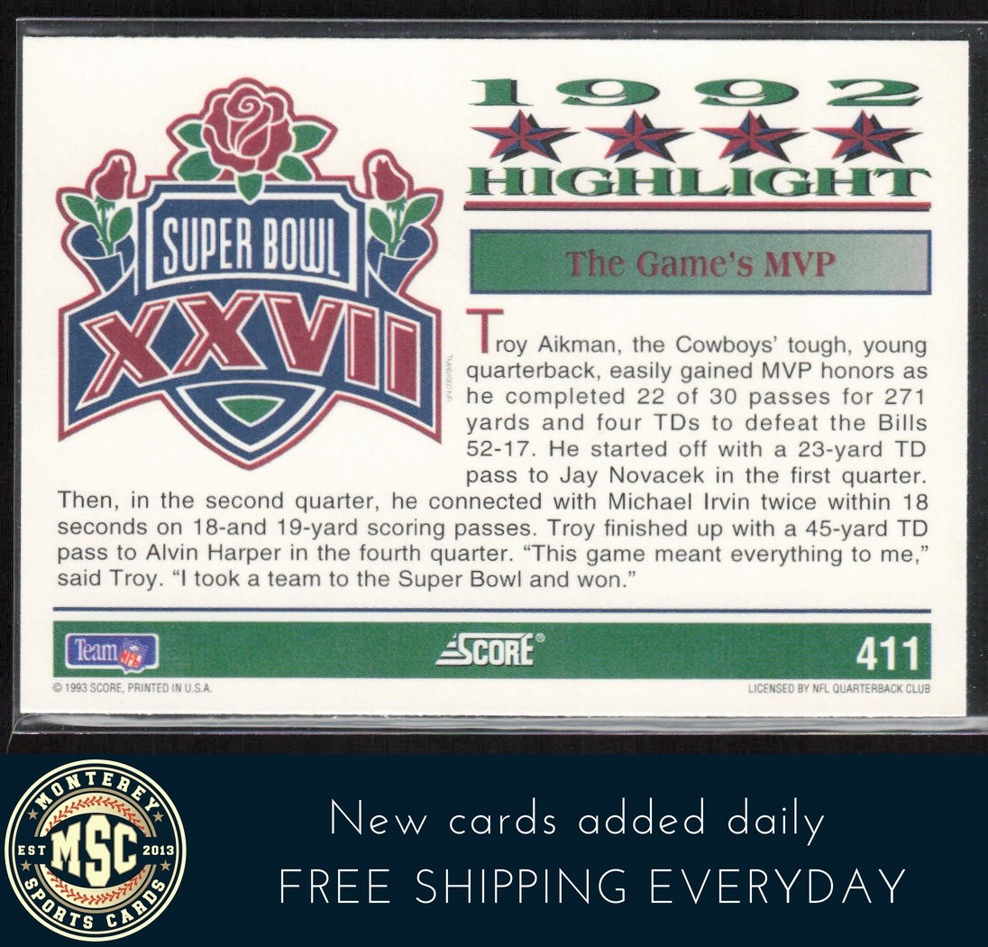 Troy Aikman 1993 Score Super Bowl XXVII Highlight #411 Dallas