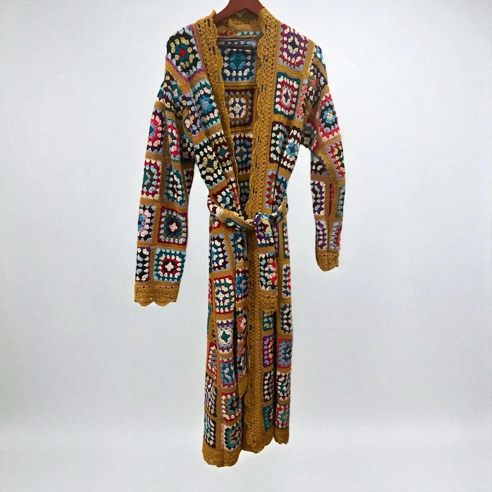 Vintage Italian Macrame Women's Crochet Rainbow Quilt Duster Sweater Coat Large - Image 2 of 4