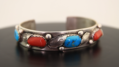 Zuni Cuff Bracelet Sterling Silver Natural Coral & Turquoise