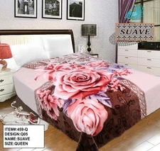459-Q SUAVE Q05 QUEEN ( 2024 ) 1PLY BLANKET FLOWERS PINK/BROWN
