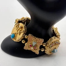 Vintage Arthur Pepper  Victorian Revival Slide Gold Tone Bracelet Swords Crown