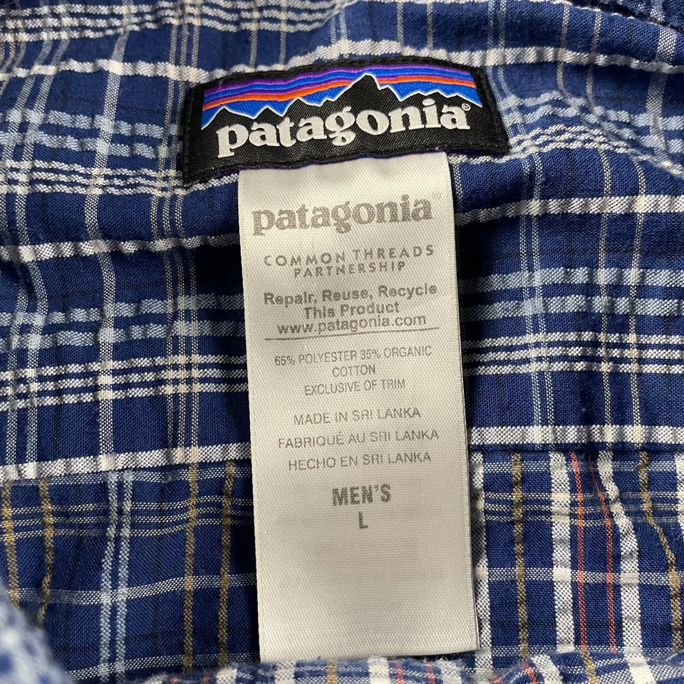 Patagonia Shirt Men Large Blue Plaid Button Seersucker Puckerwear Hiking Fishing - Image 3 of 4