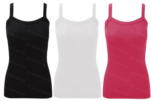 Ladies Vest Top Plain Cotton Ribbed Thin Strap Womens Sleeveless Cami T  Shirt | eBay