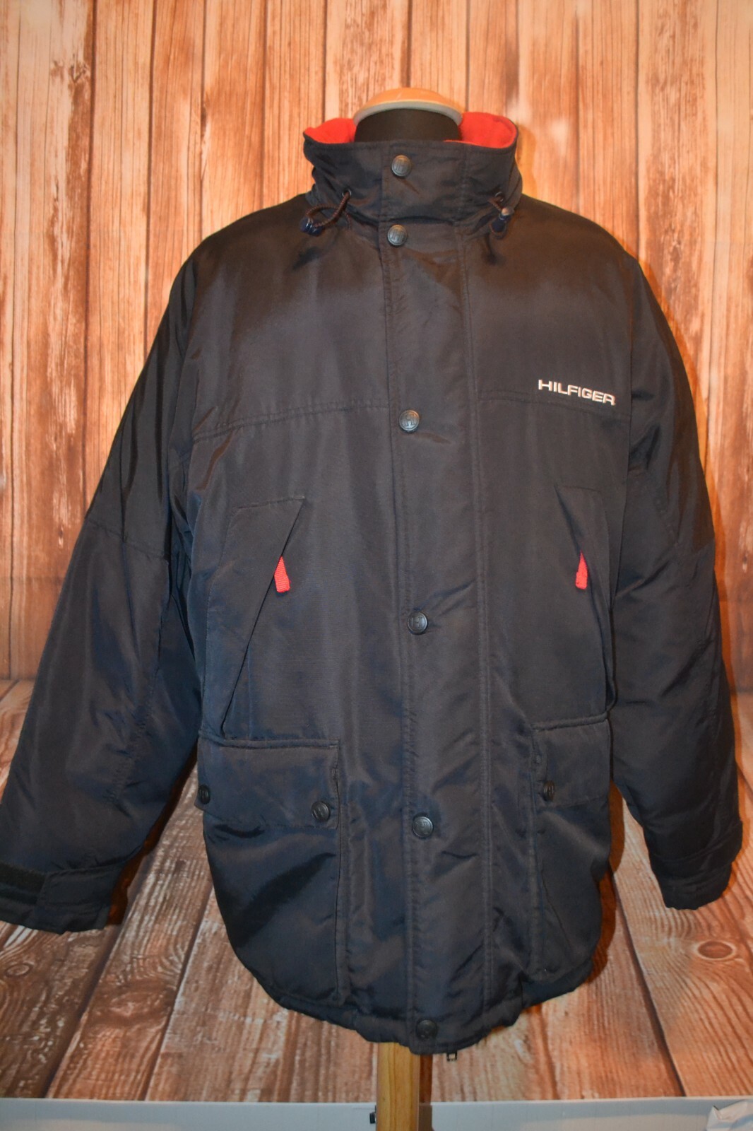 Vntg Tommy Hilfiger Men Nylon Puffer Full Zip Snap Button Jacket w/Hood Sz 2XL