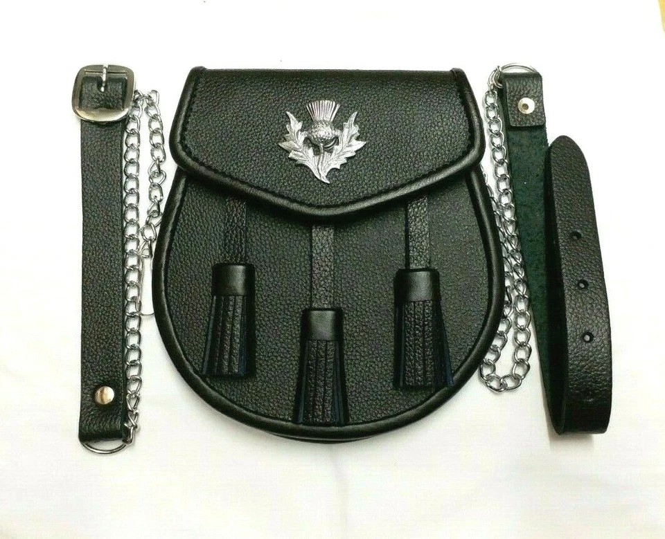 3 TASSELS & THISTLE SCOTTISH KILT SPORRAN REAL BLACK COWHIDE LEATHER + BELT 01 - Image 3 of 4