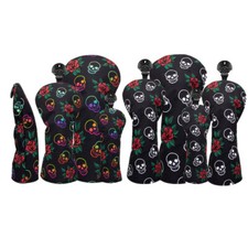 Rose Flower Skull Leather Golf Head Cover For Driver Fairway Wood Hybrid Club