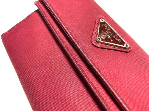 PRADA VINTAGE TRIANGLE EMBLEM POCONO NYLON LEATHER WALLET TRIFOLD ITALY RED - Picture 6 of 24